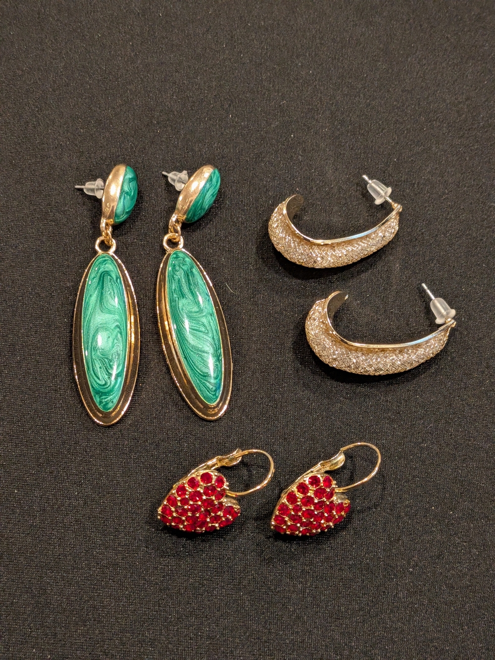 Gold-Plated Green Marbled Drop Earrings - Women Jewelry Set Of 3 Pairs